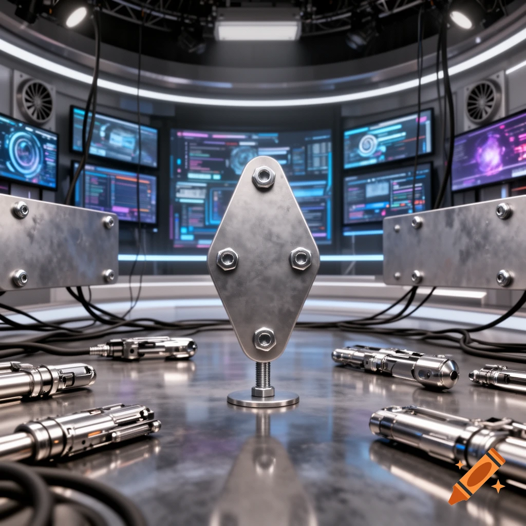 A 3D render of a futuristic control room with a central metal plate, devices on the floor, and screens displaying data.