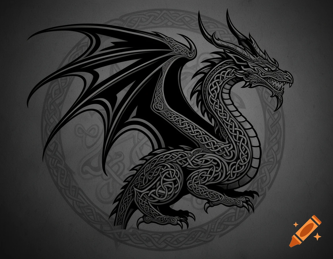 A stylized black and white Celtic knotwork dragon against a darker background.