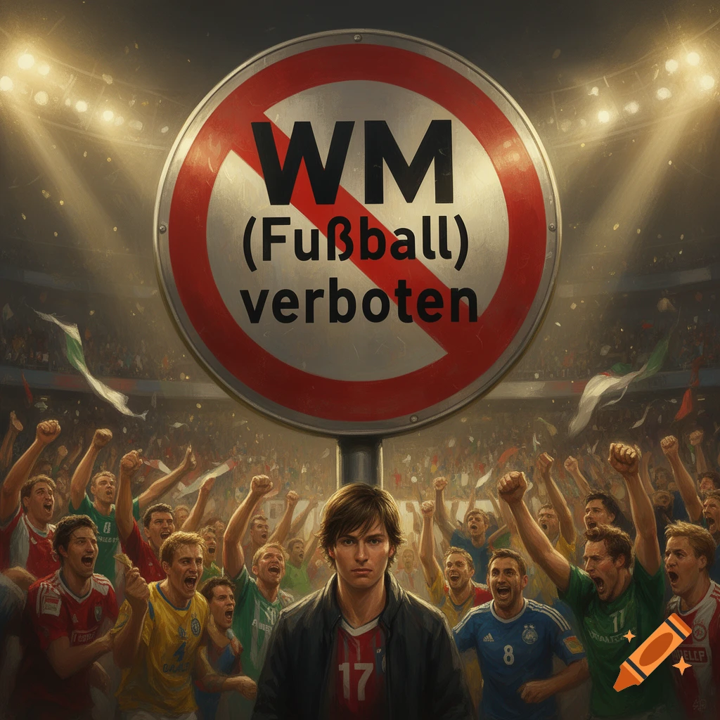 A person in a football jersey stands in front of a stadium crowd beneath a 'WM (Fu al) verboten' (World Cup (Football) forbidden) sign.