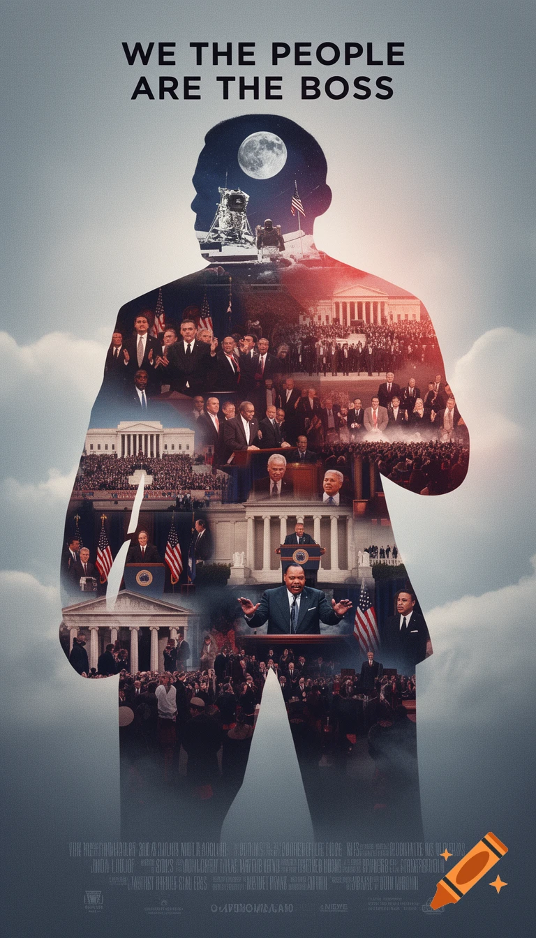 A silhouette of a person filled with iconic scenes of US history, including the moon landing, politicians, and the Supreme Court, under the text "WE THE PEOPLE ARE THE BOSS".