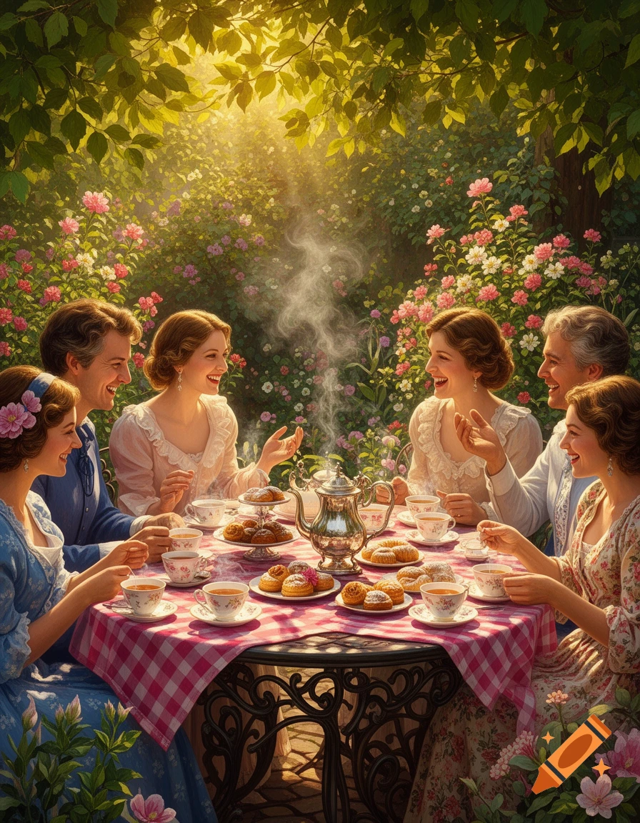 Six people, three men and three women, share a joyful afternoon tea in a lush, sunlit garden filled with flowers, detailed illustration.