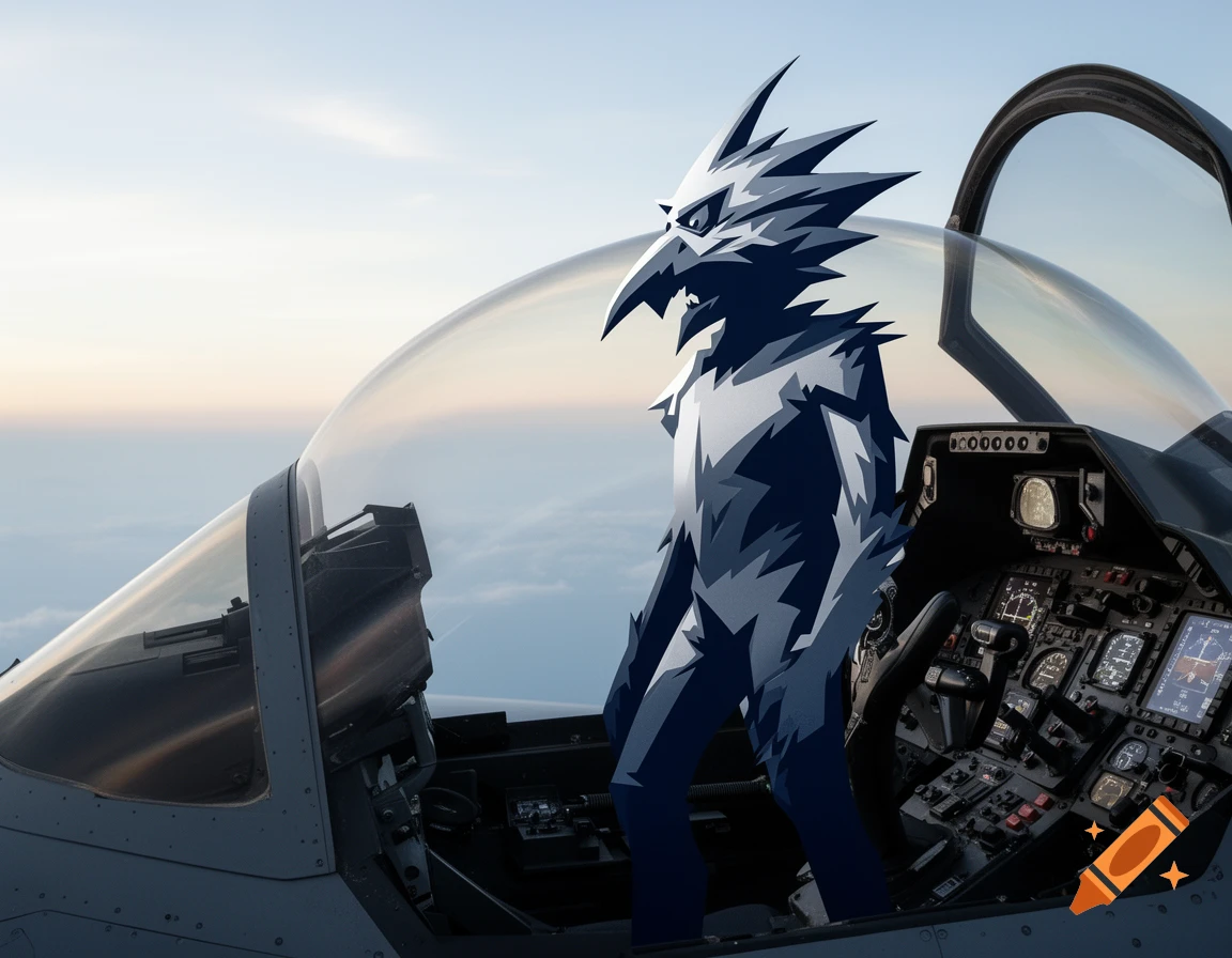 A two-tone silhouette of a sharp-edged, bird-like character stands in the cockpit of a fighter jet, seen from the side with a clear sky in the background.