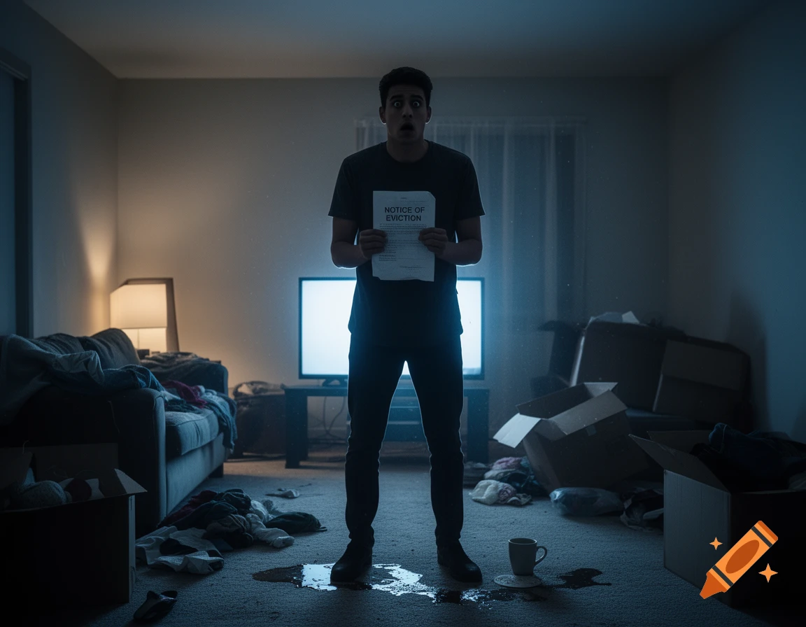 A shocked young man stands in a messy, dimly lit apartment, holding a paper with 'NOTICE OF EVICTION'.