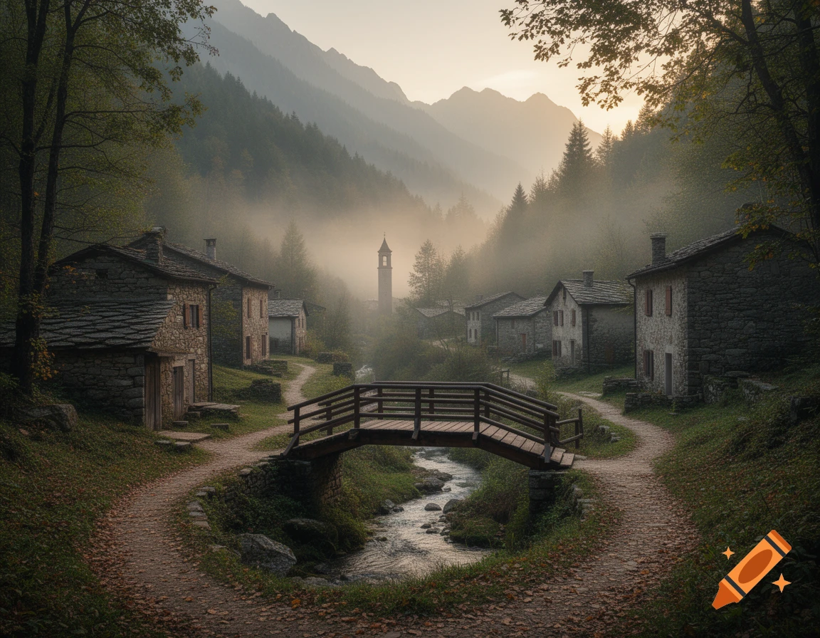 A misty mountain village with stone houses, a wooden bridge over a stream, and winding dirt paths at sunrise.