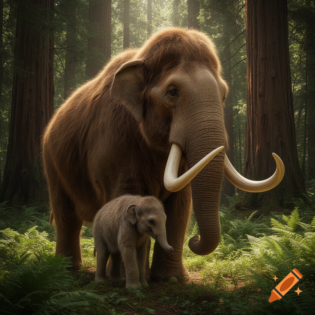 A photorealistic woolly mammoth and its calf stand in a sun-dappled redwood forest, surrounded by green ferns.
