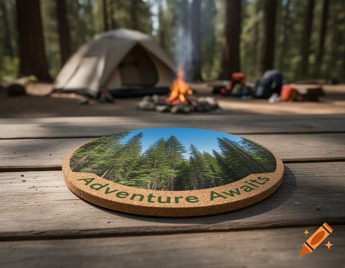 A round cork coaster with a forest image and "Adventure Awaits" text rests on a wooden table at a camping site.