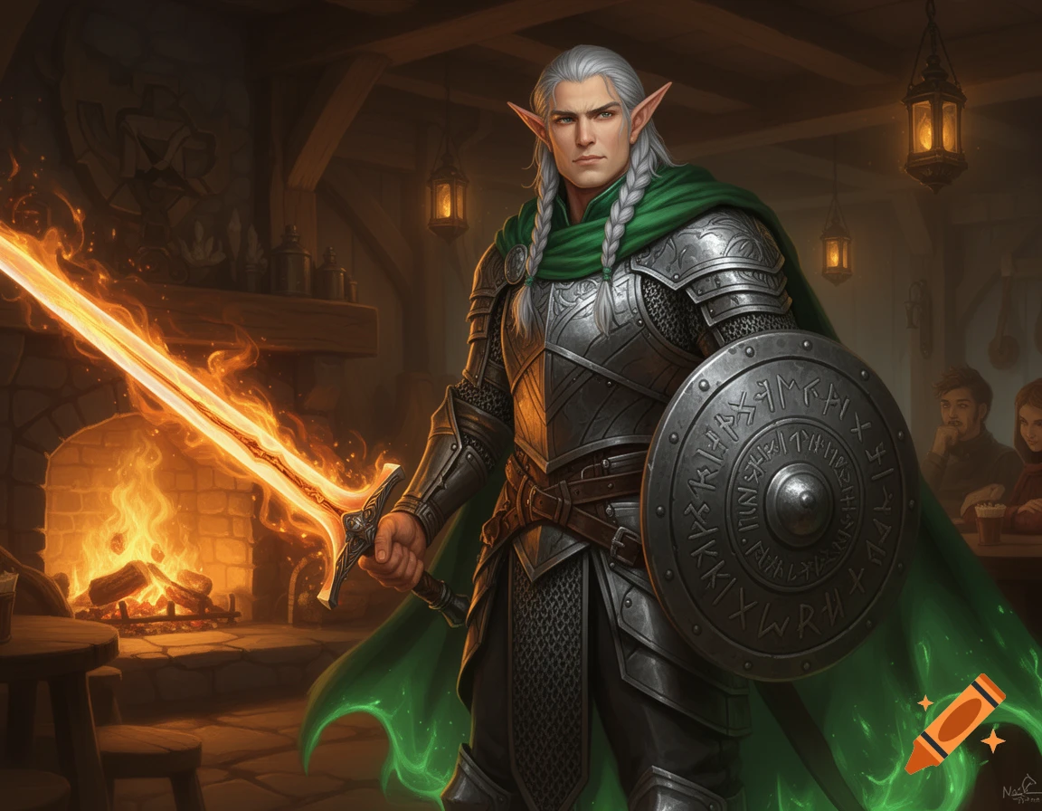 A male elf knight in heavy armor and a green cloak holds a fiery sword and a runic shield in a cozy tavern.