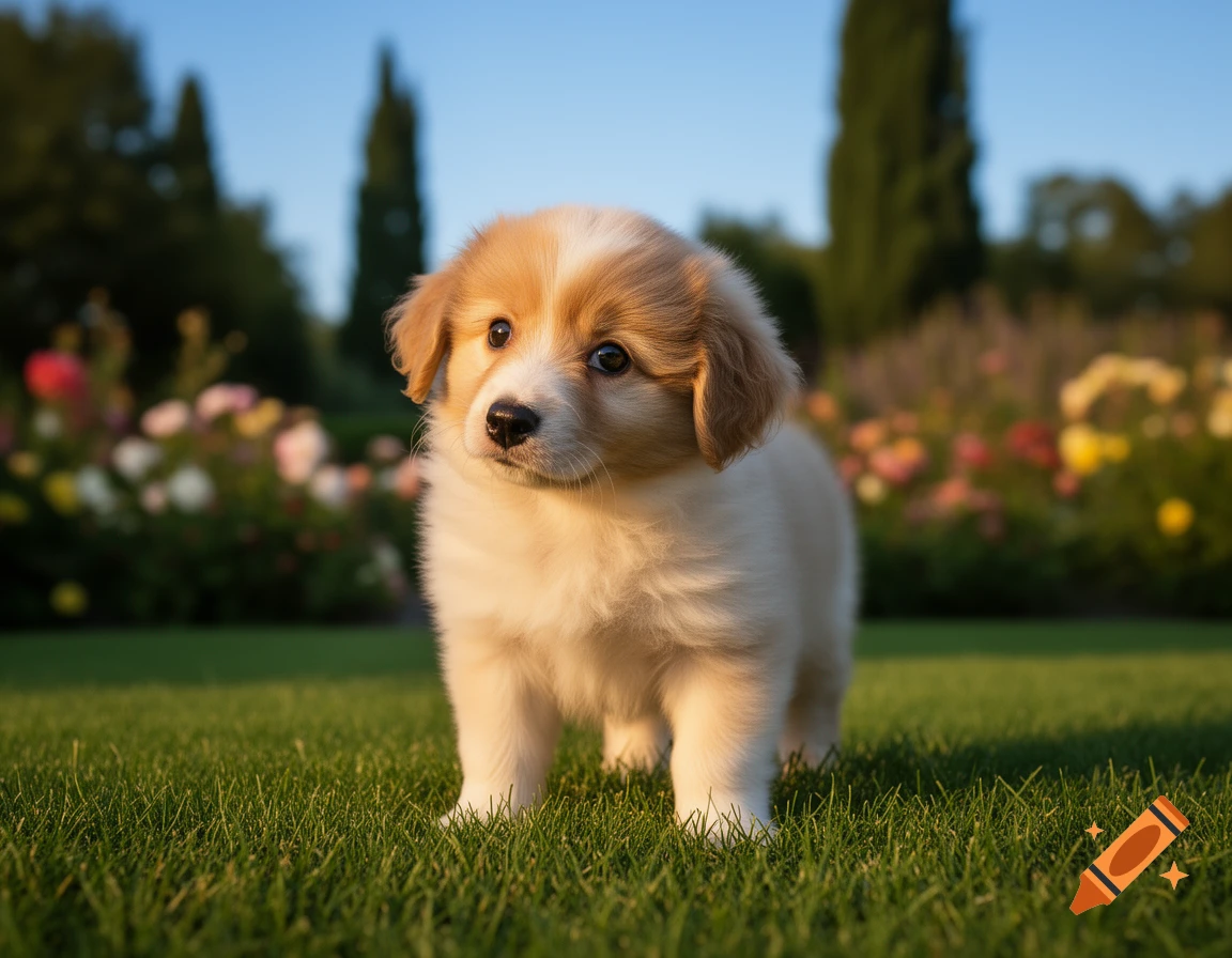 A small fluffy brown and white puppy stands on green grass in a sunny garden with flowers and trees in the background.