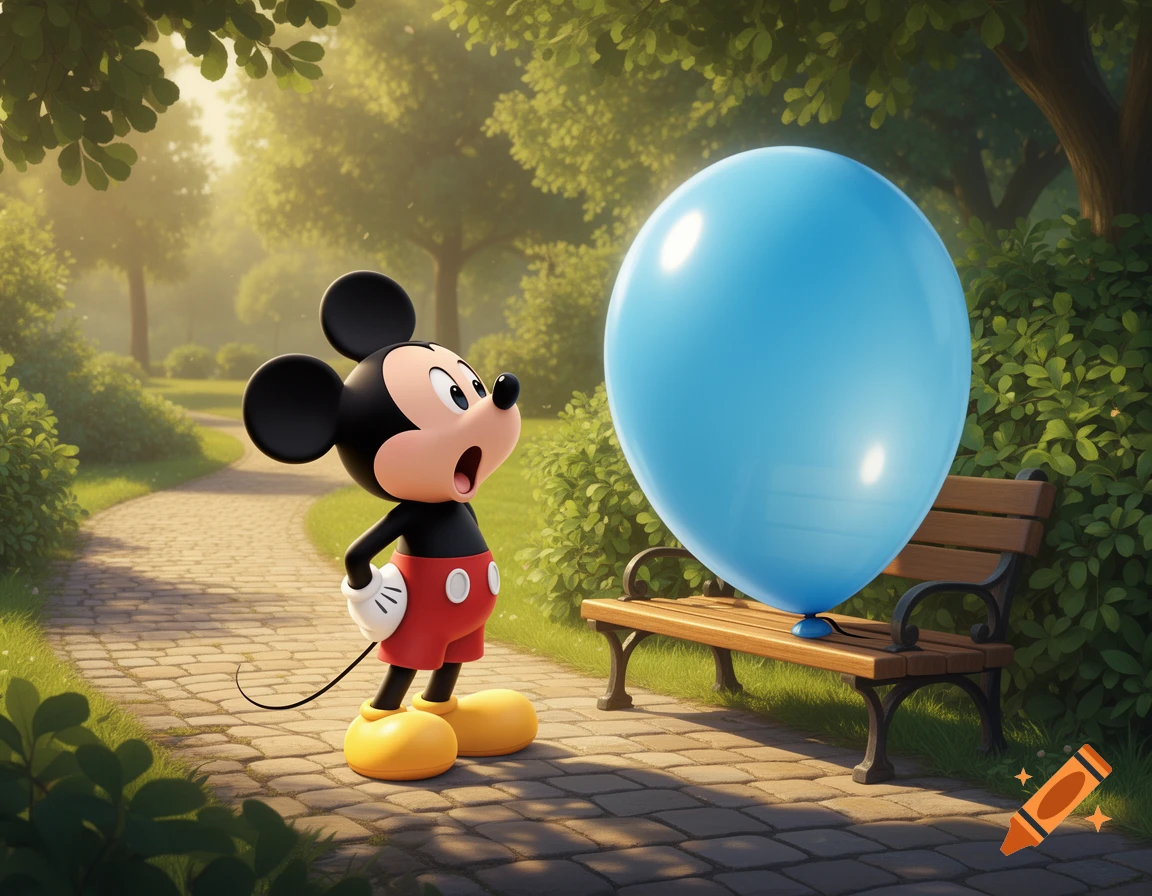 Mickey Mouse stands on a path, surprised by a giant blue balloon resting on a park bench in a sunny outdoor setting.