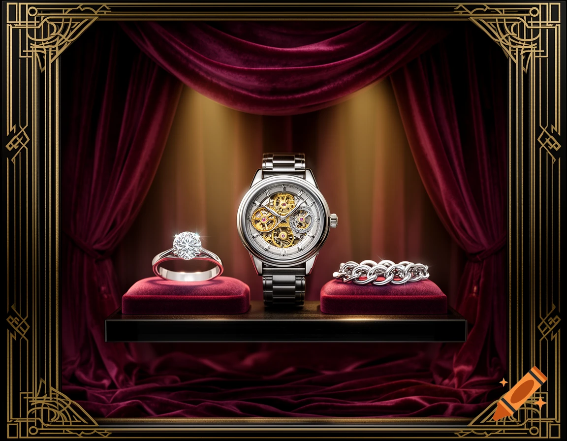 Luxury jewelry display with a silver watch, diamond ring, and chain bracelet on red velvet, framed by golden Art Deco.