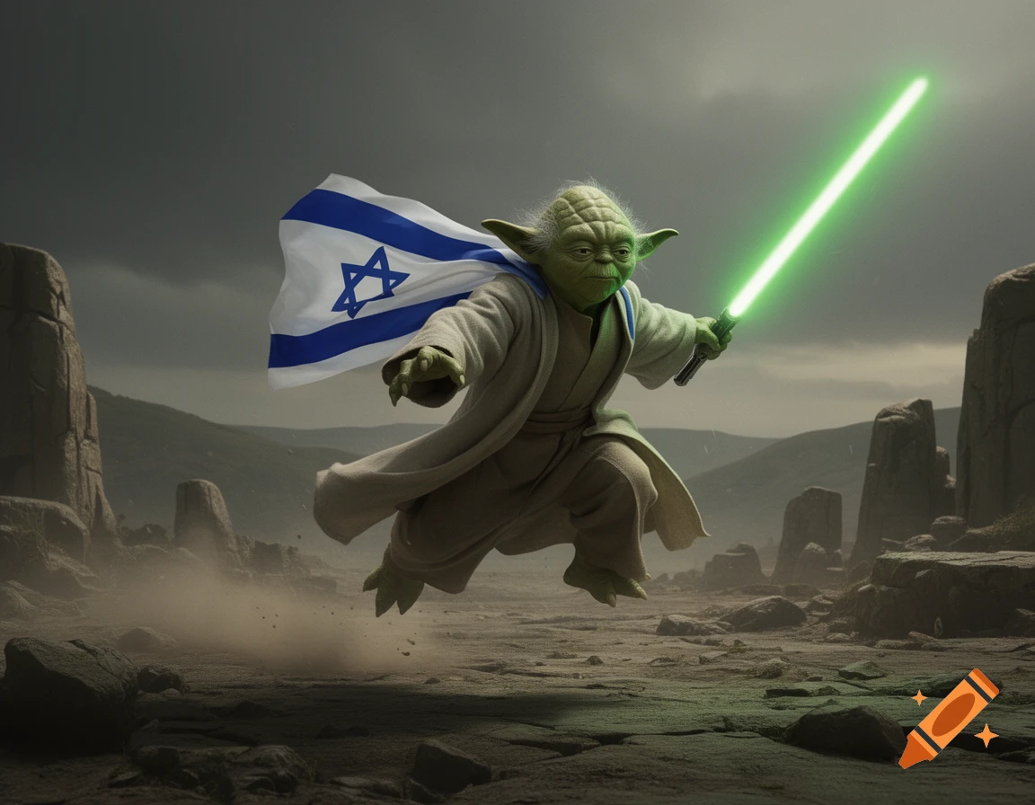 Yoda, cloaked in an Israeli flag and wielding a green lightsaber, floats above a dusty, rocky landscape under a stormy sky.