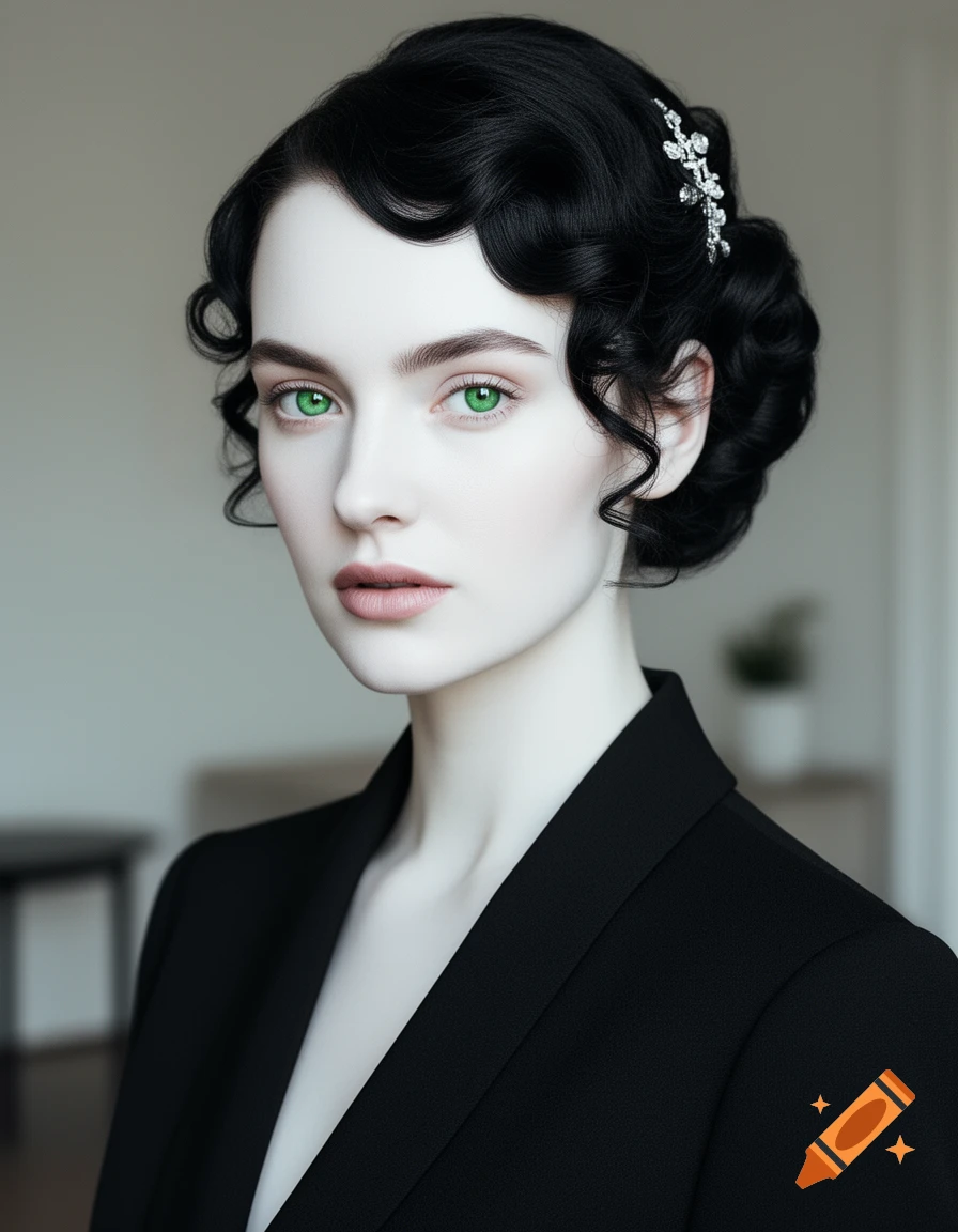 A fair-skinned woman with black hair styled in curls, striking emerald green eyes, and a black blazer, looking forward.