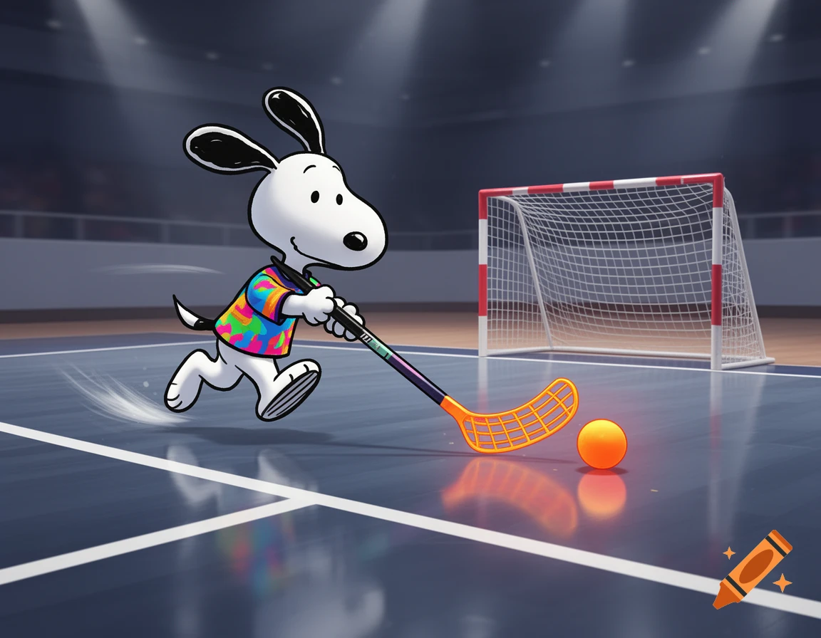 Cartoon Snoopy in a colorful shirt plays floorball, dribbling an orange ball towards a goal in an indoor arena.