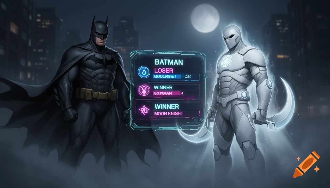 Batman and Moon Knight stand side by side in a dark city, a holographic stat screen between them showing game results.
