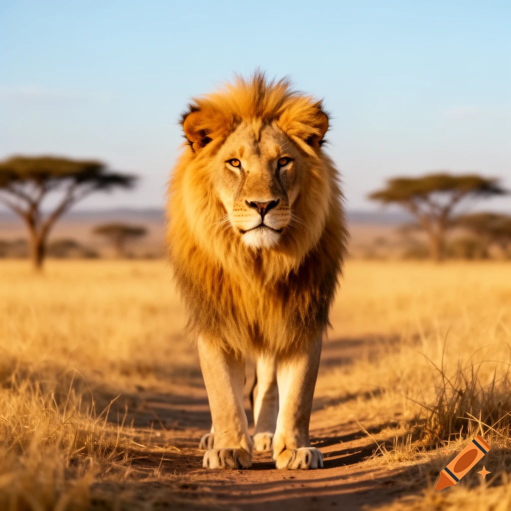 A majestic male lion with a full mane walks forward on a dirt path in a sunlit African savanna with acacia trees.