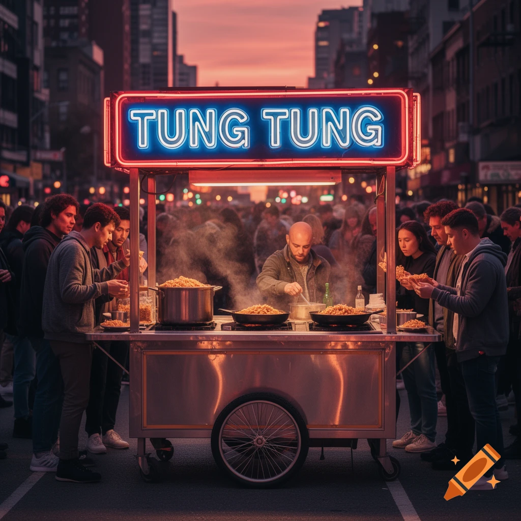 Photorealistic street scene of a vendor cooking at a busy food cart under a neon 'TUNG TUNG' sign, with customers eating.