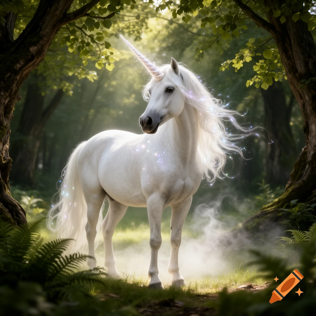 A majestic white unicorn with a glowing horn and flowing mane stands in ...