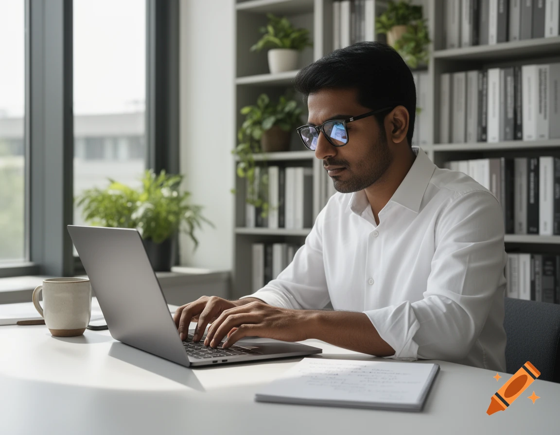 A man wearing glasses and a white shirt types on a laptop at a desk in an office with bookshelves.