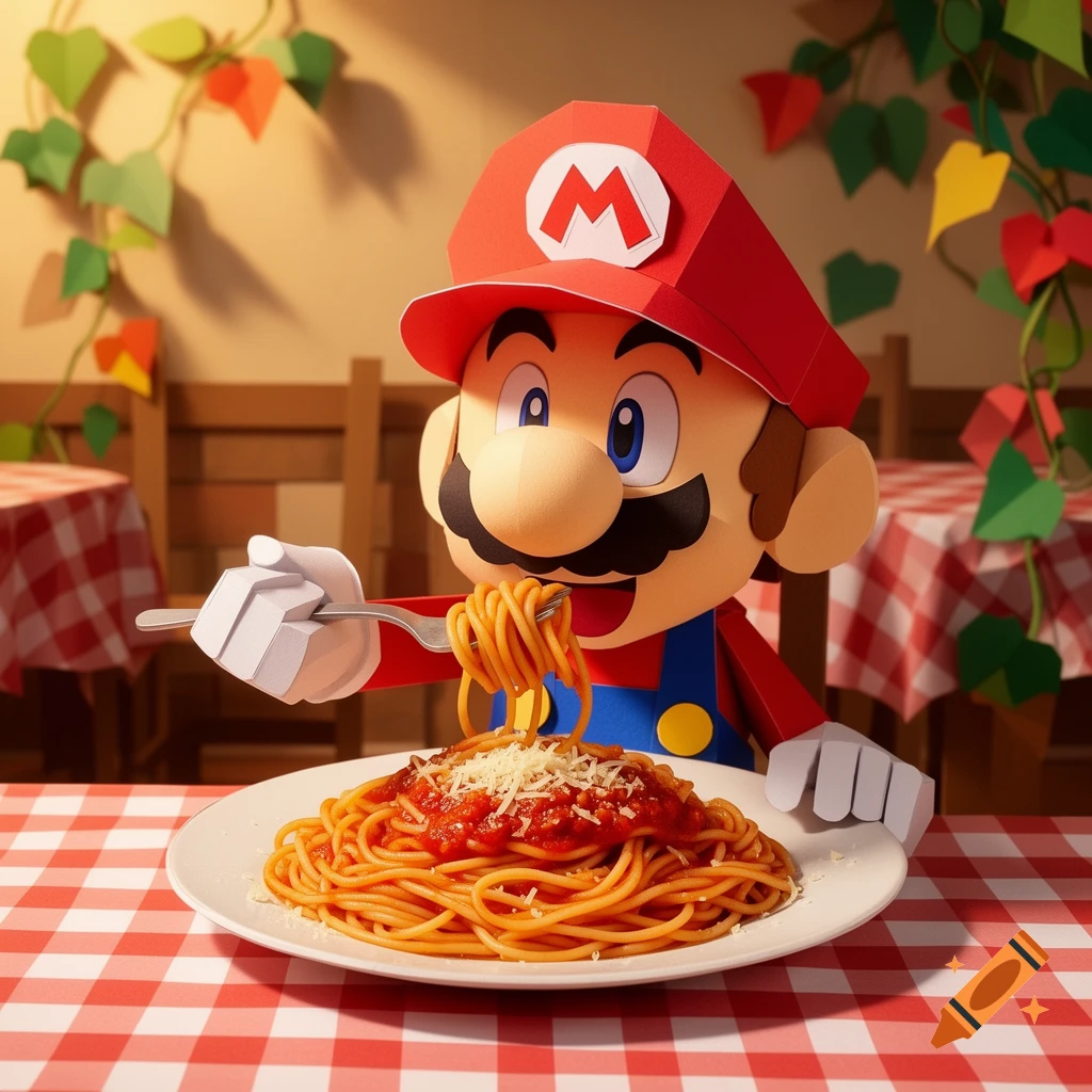 A papercraft Mario character wearing his iconic red hat with an 'M', sitting at a checkered table and eating a plate of spaghetti with a fork.