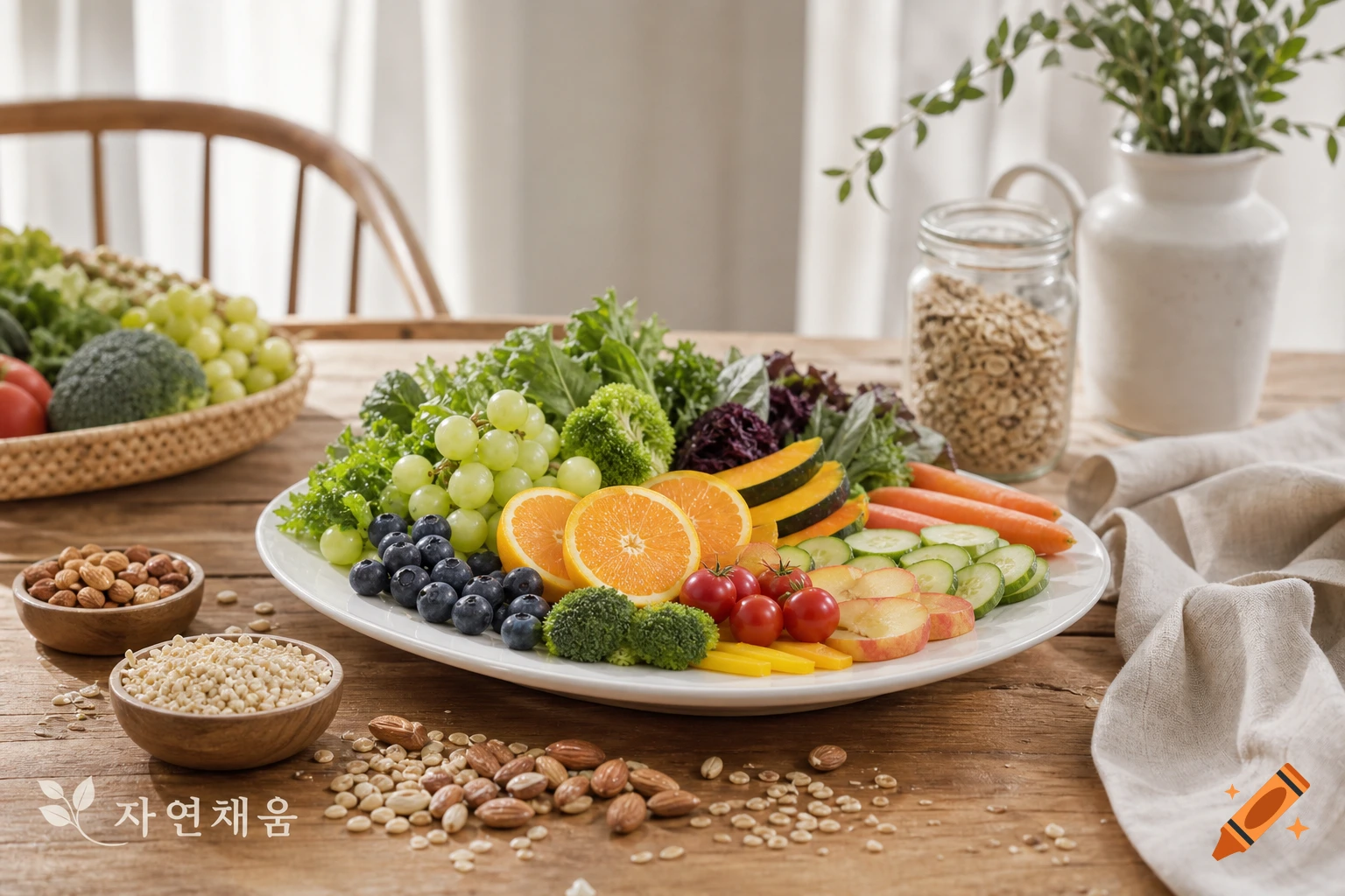 A white plate of fresh fruits and vegetables with bowls of nuts and grains on a rustic wooden table, in soft natural light.
