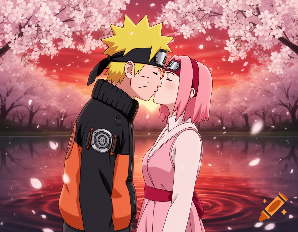 Naruto and Sakura kiss under pink cherry blossoms with a sunset sky reflected in the water, in an anime style.