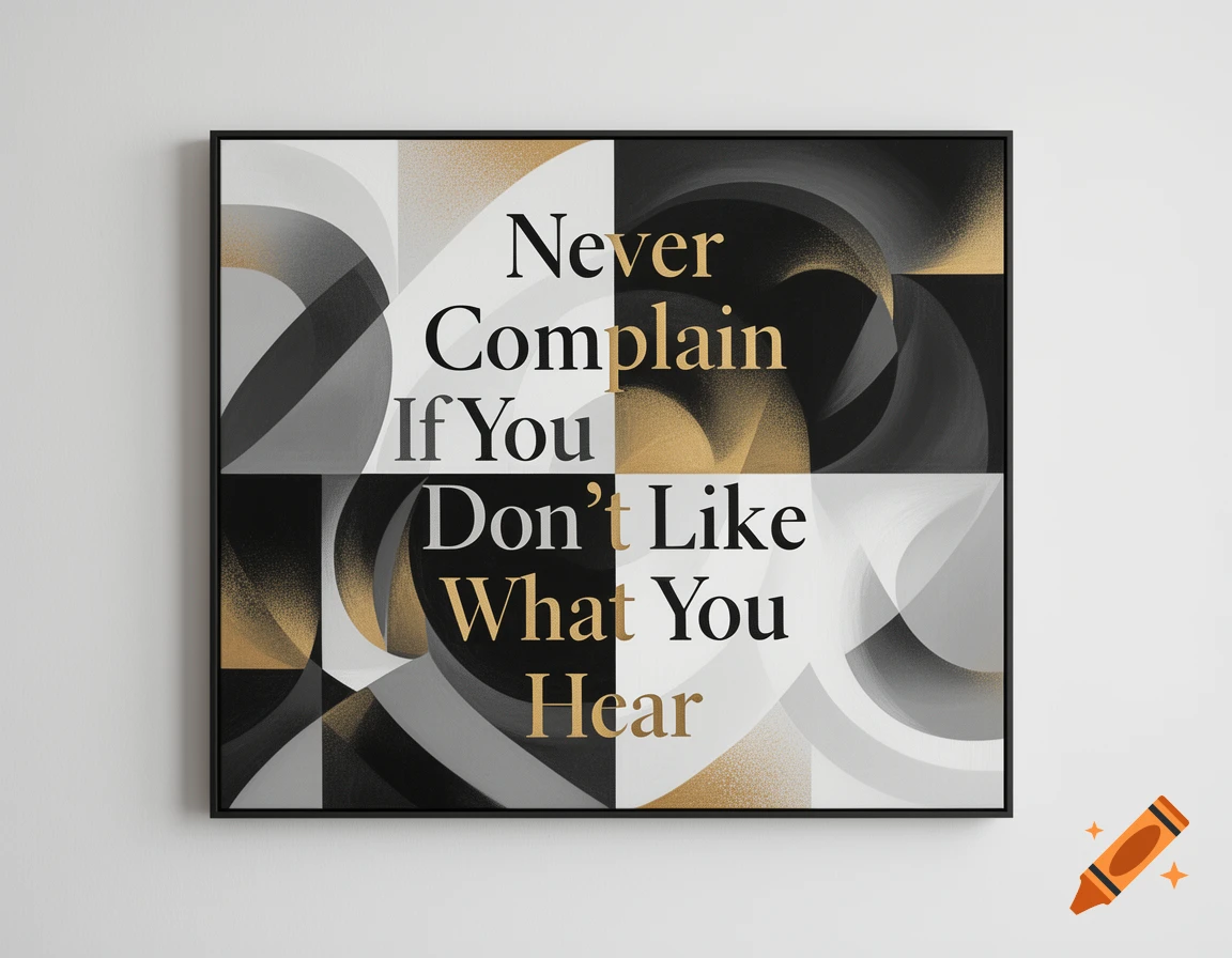 A black, gold, white, and gray abstract wall art piece with the text 'Never Complain If You Don't Like What You Hear'
