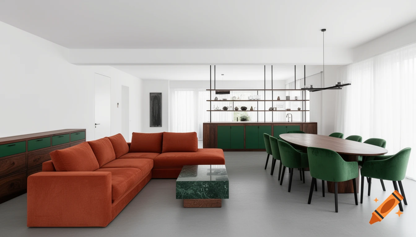 Modern open-plan living and dining room with orange sectional sofa, green marble coffee table, dark wood furniture with green accents, and green velvet dining chairs.