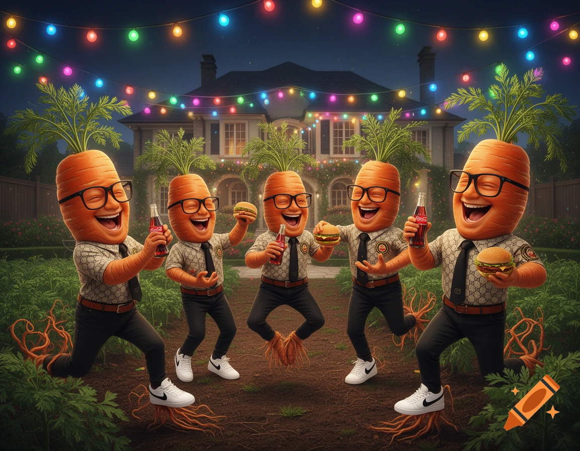 Five anthropomorphic carrots with glasses, wearing Gucci shirts and Nike shoes, dance in a garden at night under party lights, holding burgers and Coca-Cola bottles.