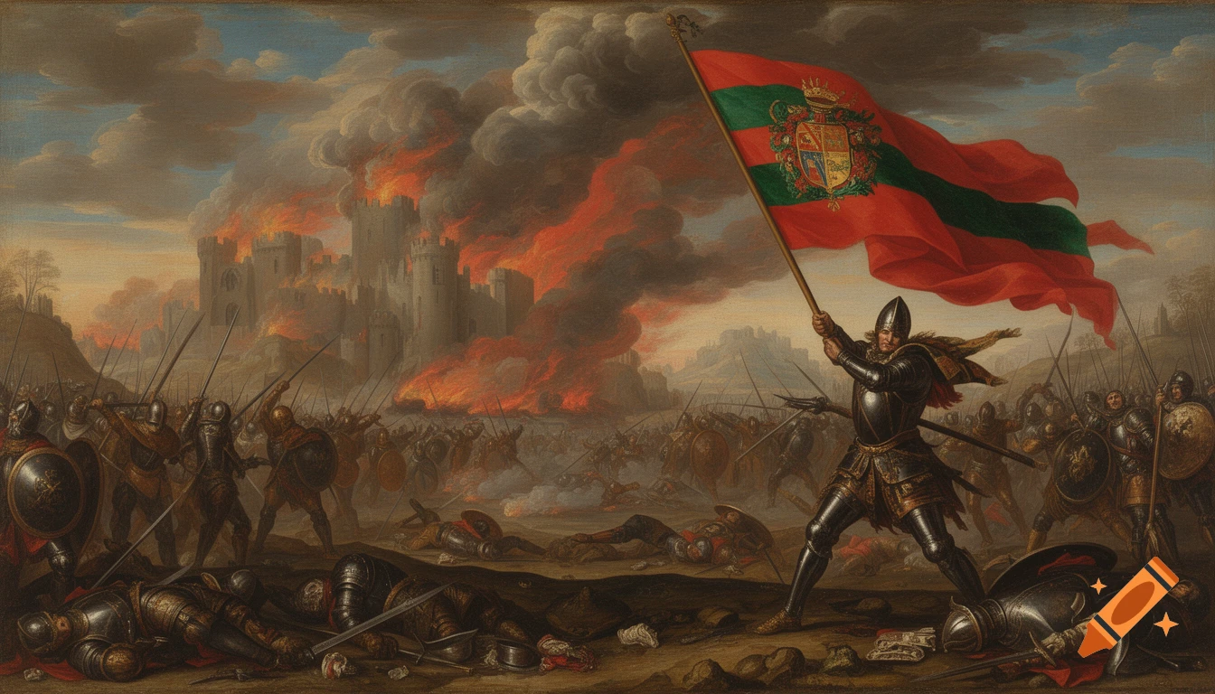 Renaissance painting of a knight holding a red and green flag amidst a fierce battle with a burning castle and fallen soldiers.