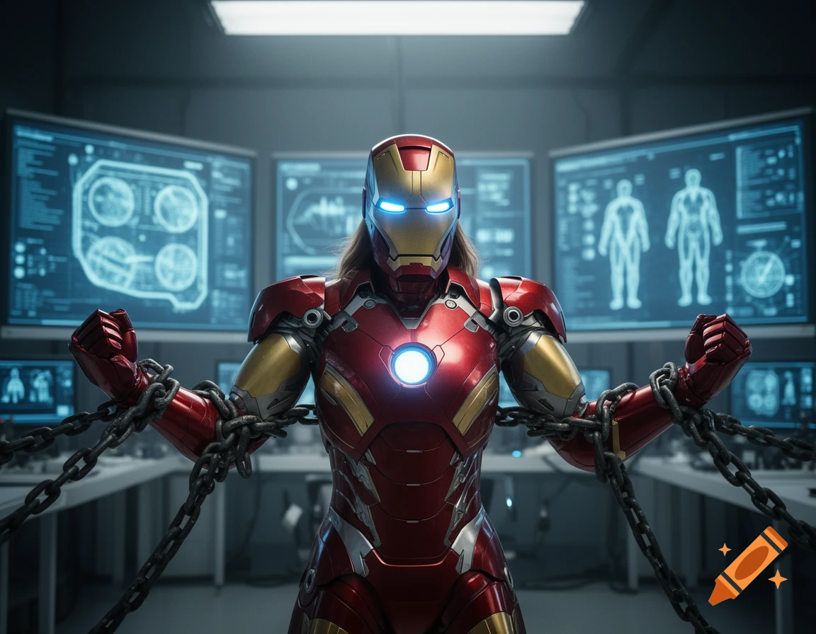 A female Iron Man in a red and gold suit with glowing blue eyes and chest reactor, bound by chains in a futuristic lab with glowing screens displaying diagrams.