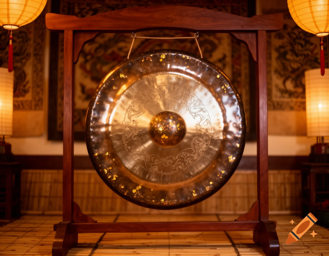 A large, ornate bronze gong with intricate patterns hangs from a wooden stand in a traditional room with glowing lanterns.