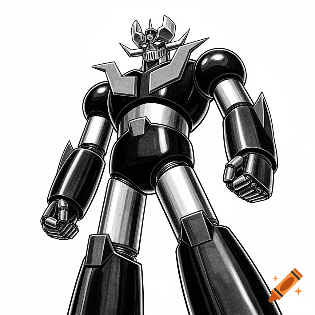 A black and white drawing of the Mazinger Z robot standing, viewed from a low angle.
