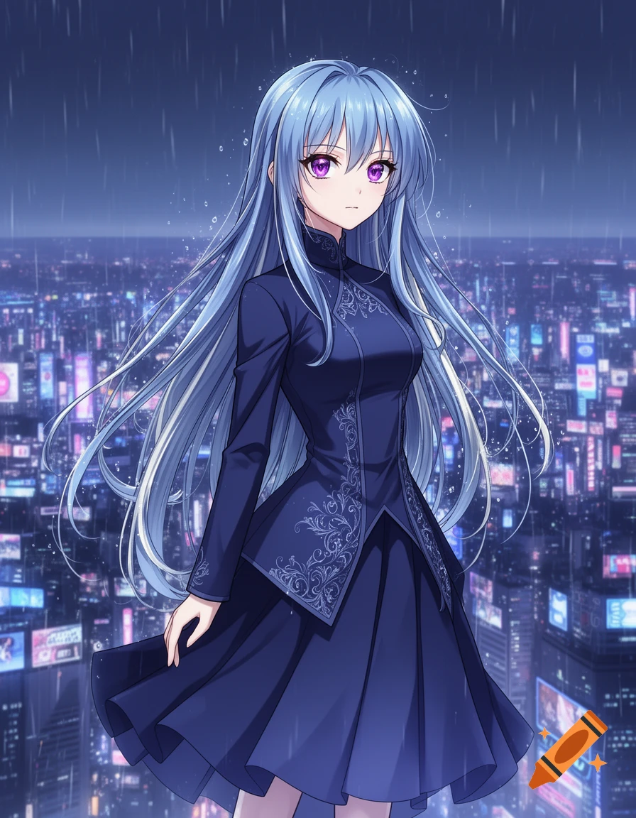 Anime girl with long blue hair and purple eyes in a dark blue dress, standing in the rain above a futuristic city at night.