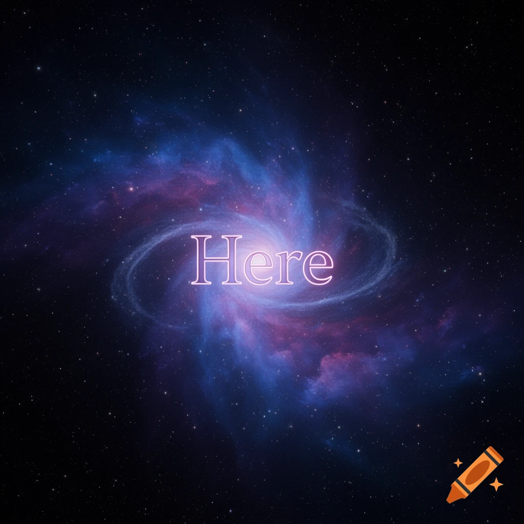 The word "Here" in neon pink floats over a blue and purple spiral galaxy amidst a field of stars.