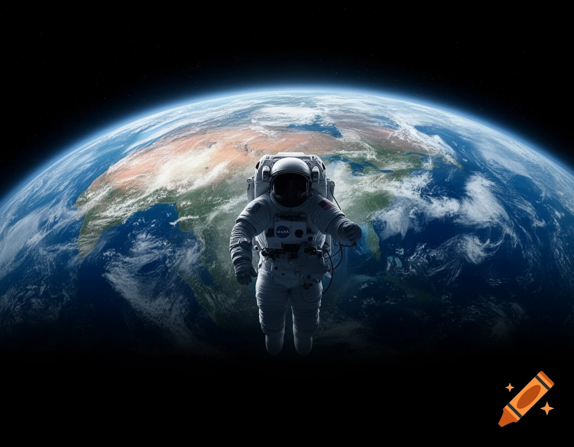 A photorealistic image of an astronaut in a white suit floating in dark space, with a vibrant blue and green Earth filling the background.