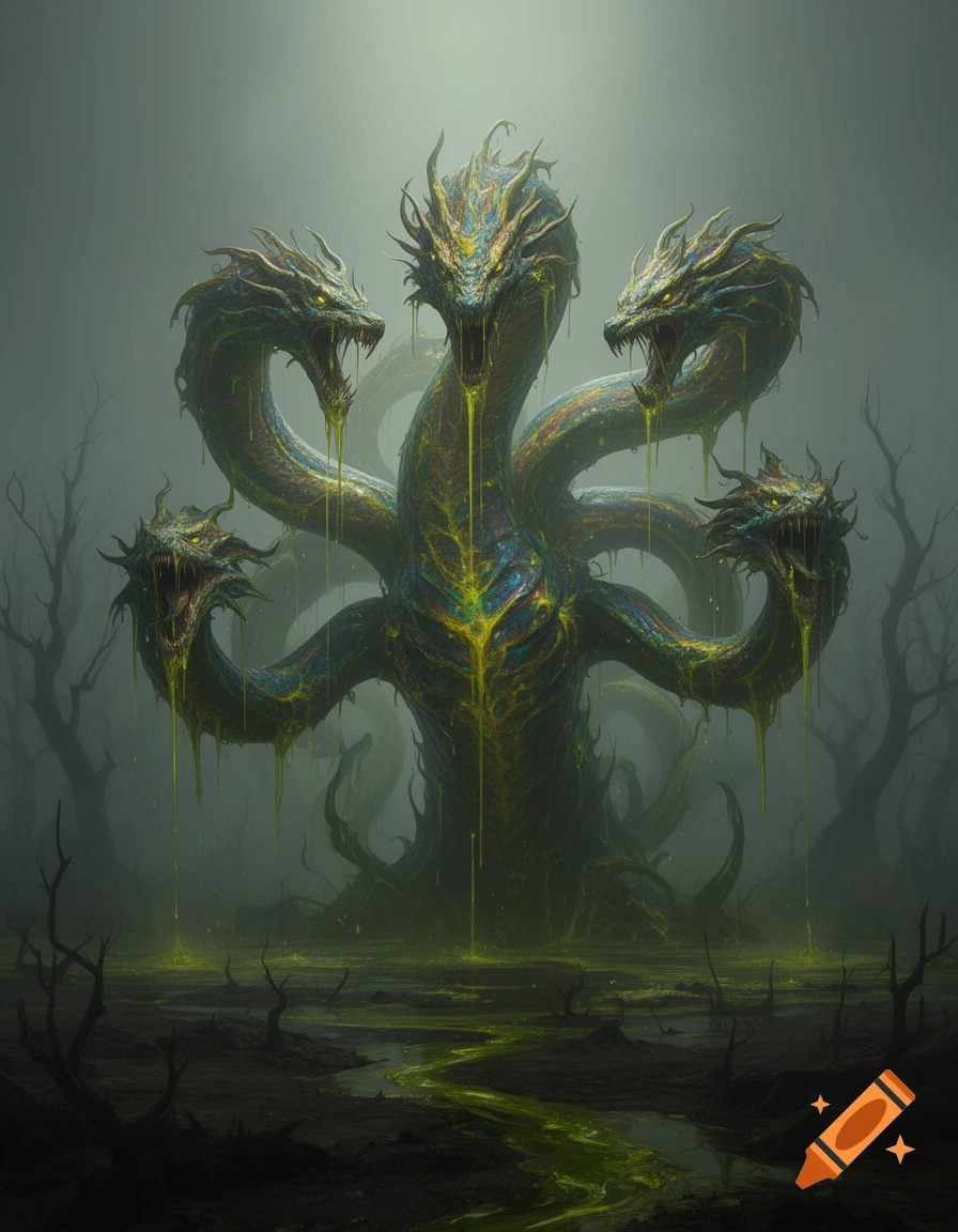 A multi-headed acid and poison hydra monster drips green liquid in a misty, desolate swamp with bare trees.