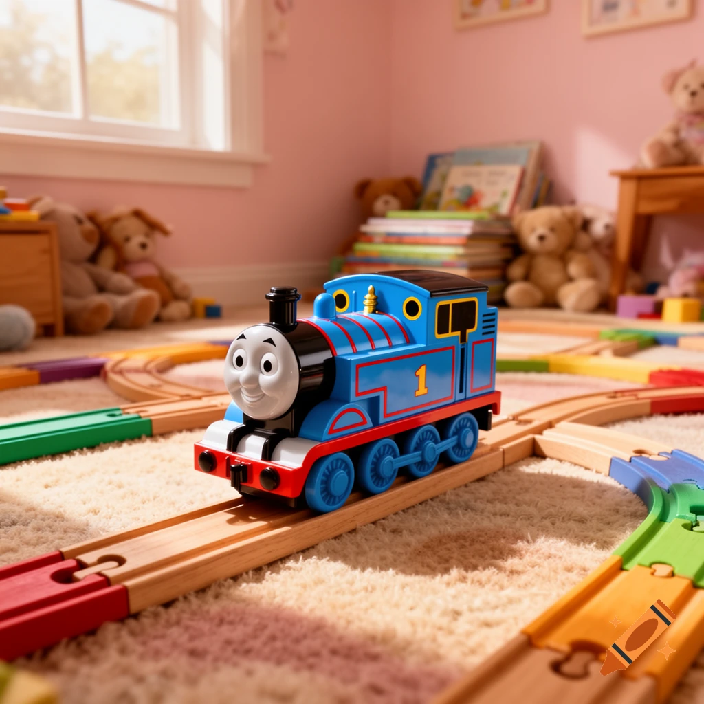 A blue Thomas the Tank Engine toy sits on a wooden train track in a sunlit child's room with teddy bears.