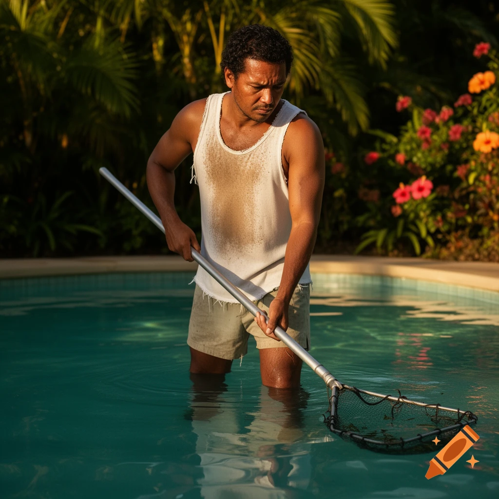 A man in a dirty white tank top and shorts cleans a swimming pool with a net in a tropical setting.