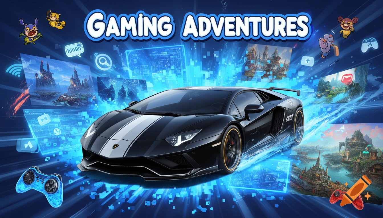 A black Lamborghini with white stripes, surrounded by glowing blue digital elements, game controllers, cartoon monsters, and fantasy game landscapes, with text "GAMING ADVENTURES".