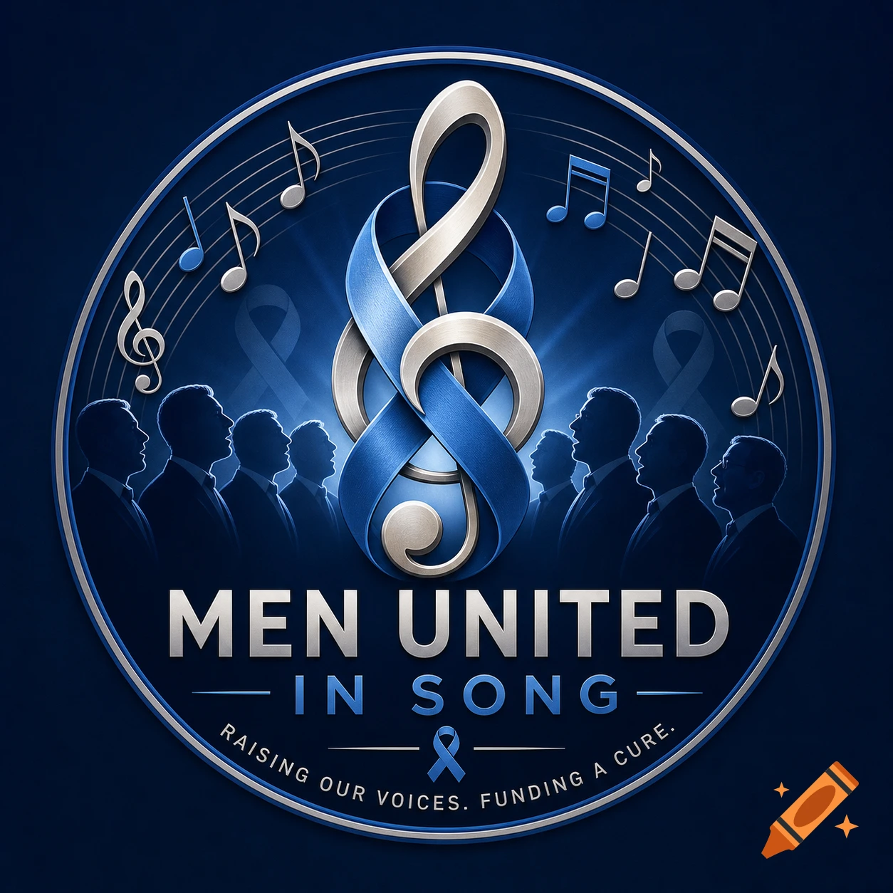 A blue and silver logo with a treble clef ribbon, singing male silhouettes, musical notes, and text: 'MEN UNITED IN SONG' and 'RAISING OUR VOICES. FUNDING A CURE.'