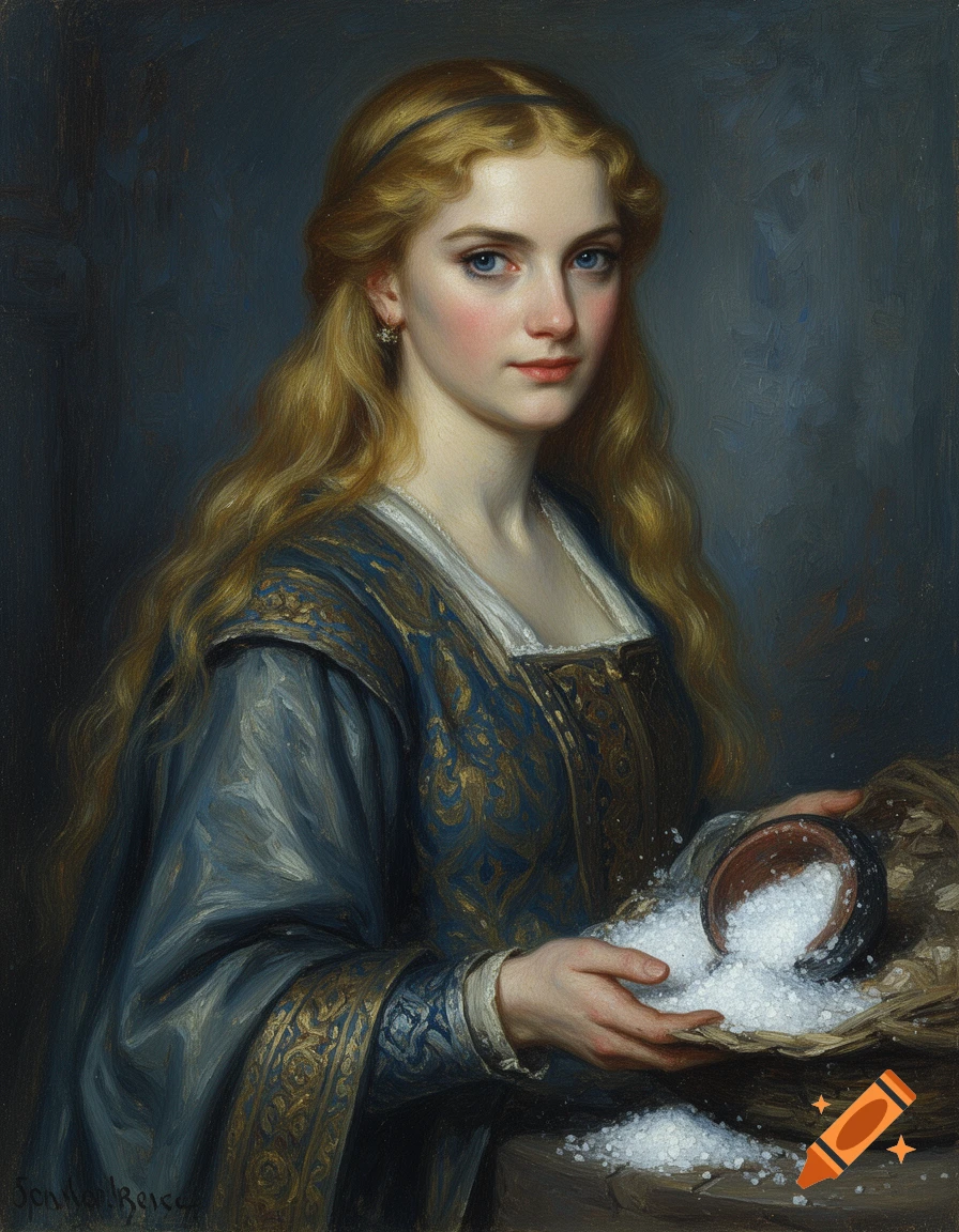 Oil painting of a young woman with long blonde hair, dressed in medieval blue and gold, holding a basket of salt.