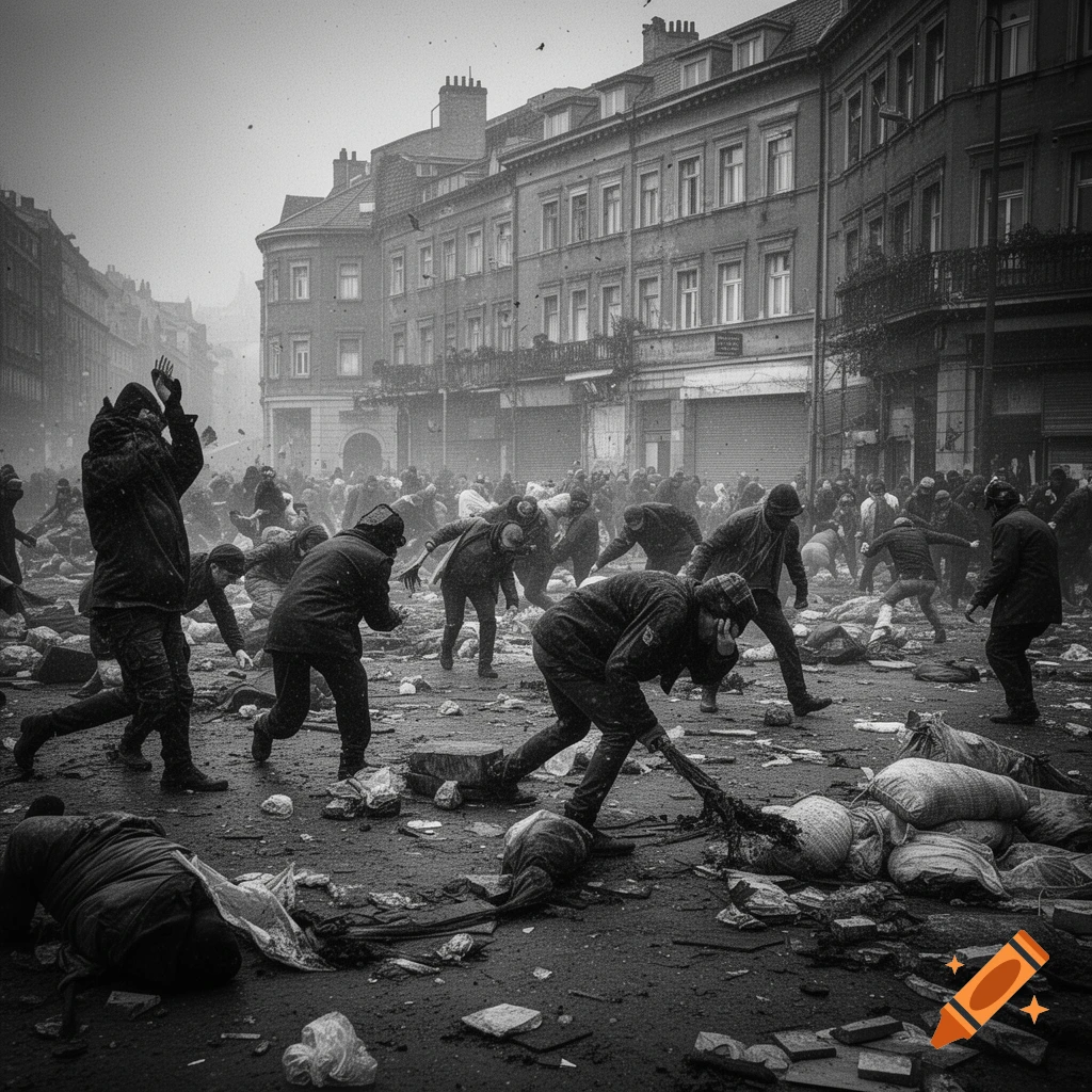 A monochromatic, grainy image of a chaotic street scene with many people scrambling amidst debris, urban buildings in the background.