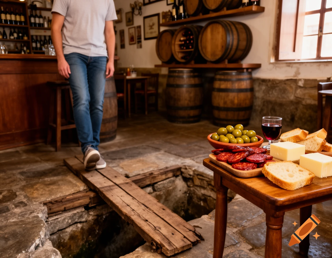 A person walks across a narrow wooden plank over a hole in a rustic Portuguese tavern, towards a table with olives, chorizo, cheese, bread, and red wine.