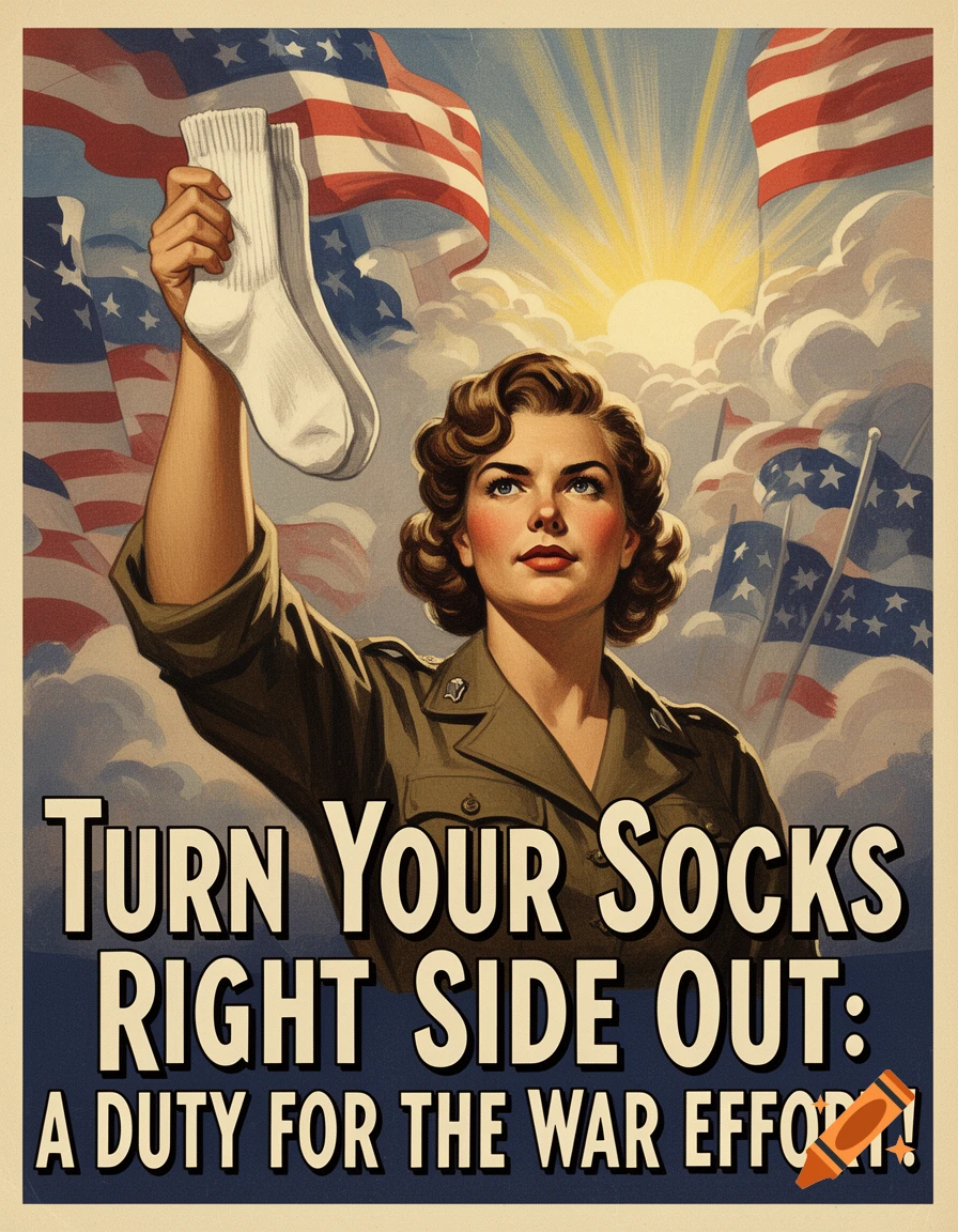 Vintage propaganda poster shows a woman in military uniform holding white socks, with American flags and text about war effort.