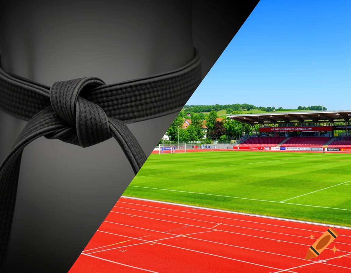 A diagonally split image featuring a tied black taekwondo belt on a dark background on one side, and an athletics stadium with a green field and red track on the other.
