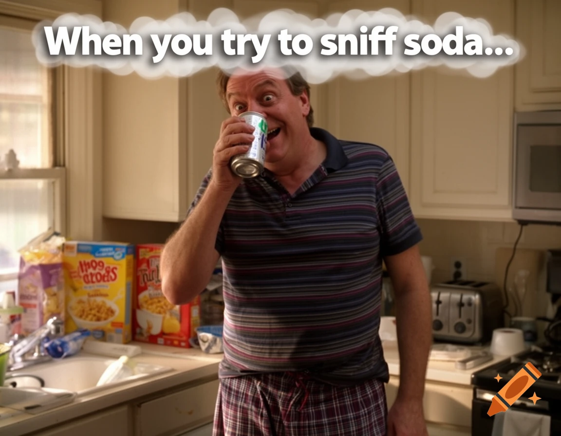 A man in a kitchen, with a surprised expression and wide eyes, holds a soda can to his nose. Above him, a white text bubble reads, 'When you try to sniff soda...'.