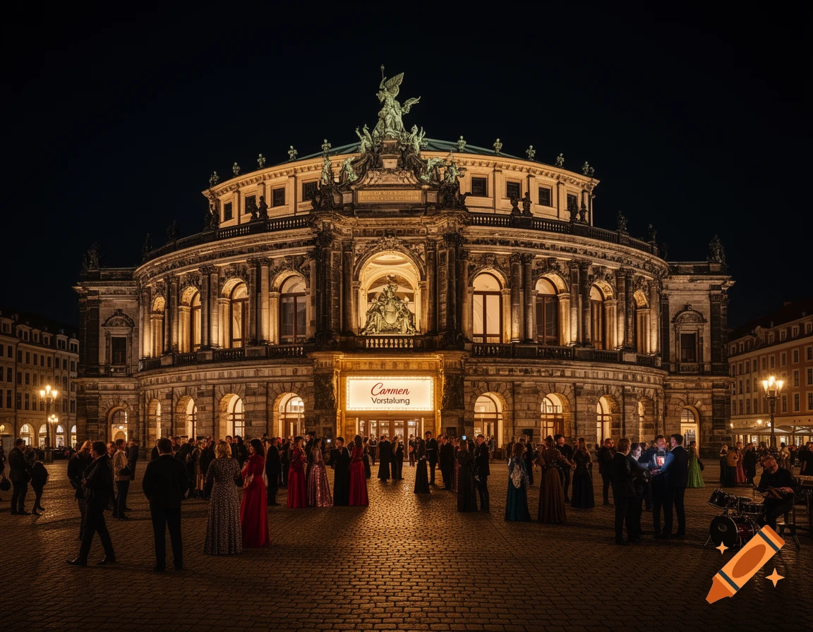 The grand, illuminated Semperoper opera house at night, with a crowd of people gathered on the cobblestone plaza. A sign reads 'Carmen Vorstellung'.