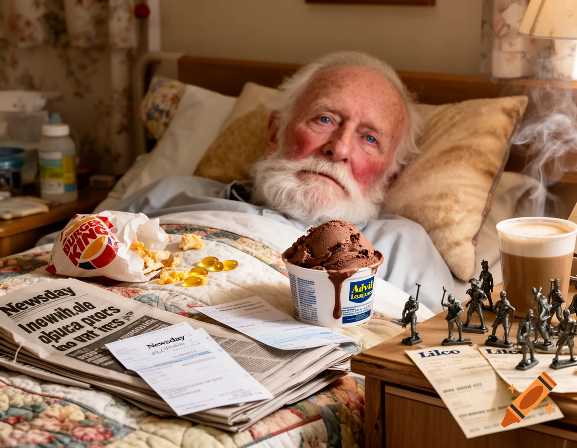 An elderly white man with a white beard and blue eyes lies in bed surrounded by a Burger King bag, chocolate gelato, an Advil cup, newspapers, Lilco bills, toy metal soldiers, and a coffee.