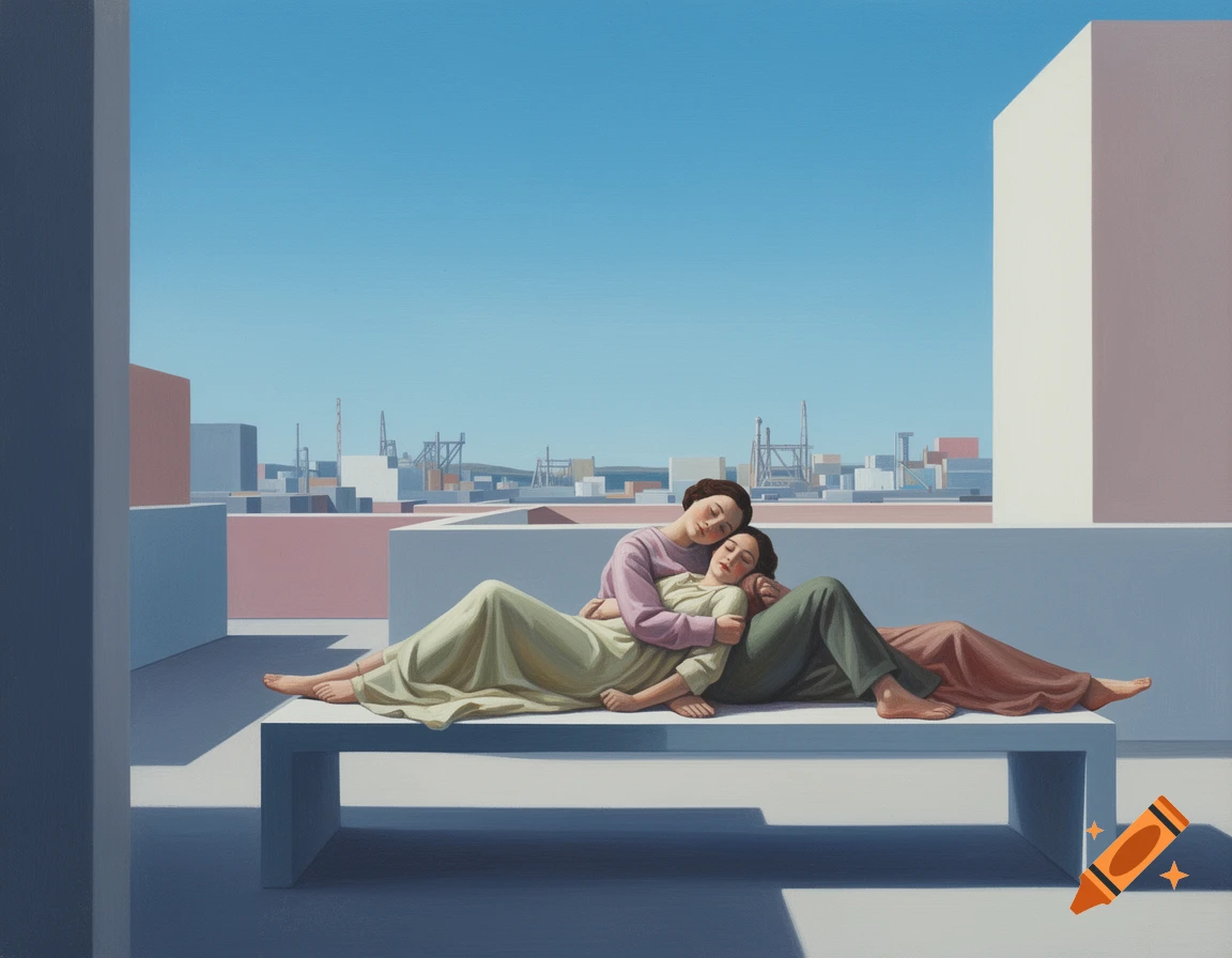 Two women cuddle on a bench overlooking a geometric city skyline, rendered in the precise style of Jeffrey Smart.