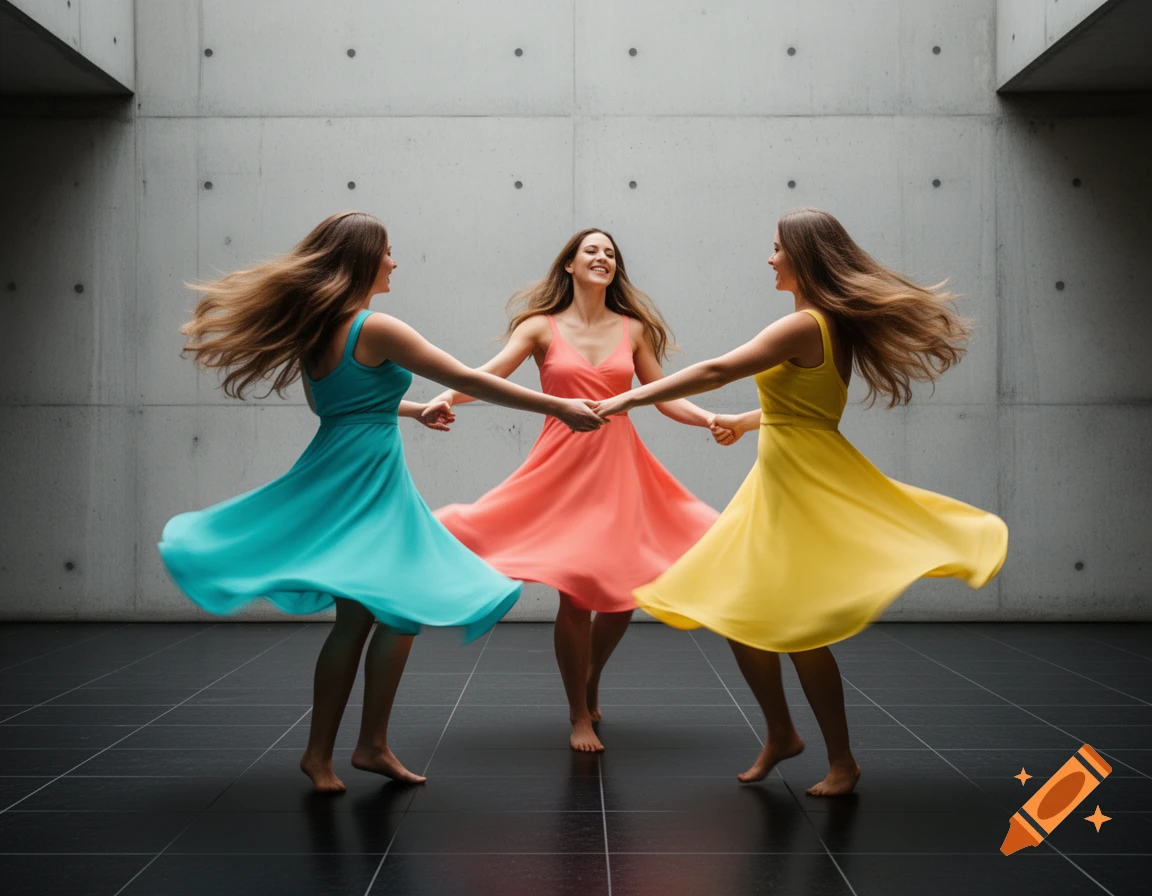 Three women in flowing teal, coral, and yellow dresses dance barefoot in a circle, holding hands on a dark tiled floor against a concrete wall.